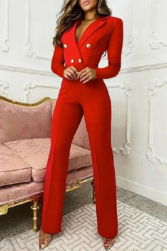 Solid Color Commuting Notched Lapel Jumpsuit Versatile Style Wardrobe