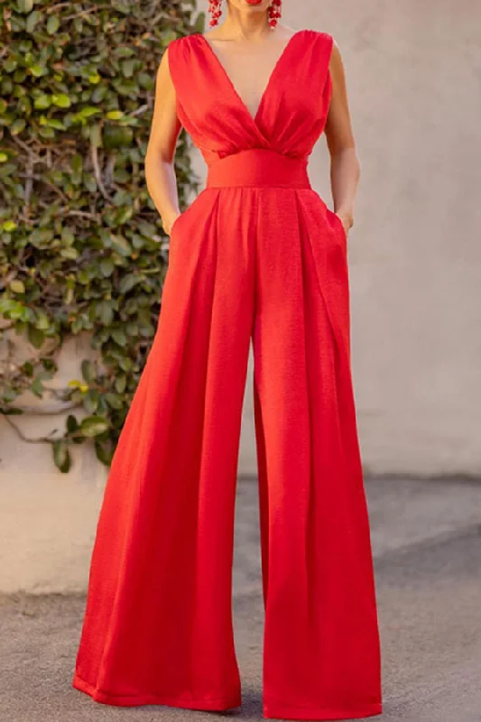 Solid Color V Neck Pretty Wide Leg Jumpsuit Trendy Pulse