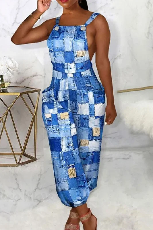 Patch Denim Print Feminine Tie Back Suspenders Jumpsuit Crazy Price Slashing