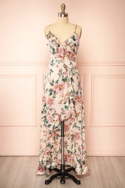 Veleda Taupe | Floral Maxi Dress with Ruffles Vibrant Femme Fashion