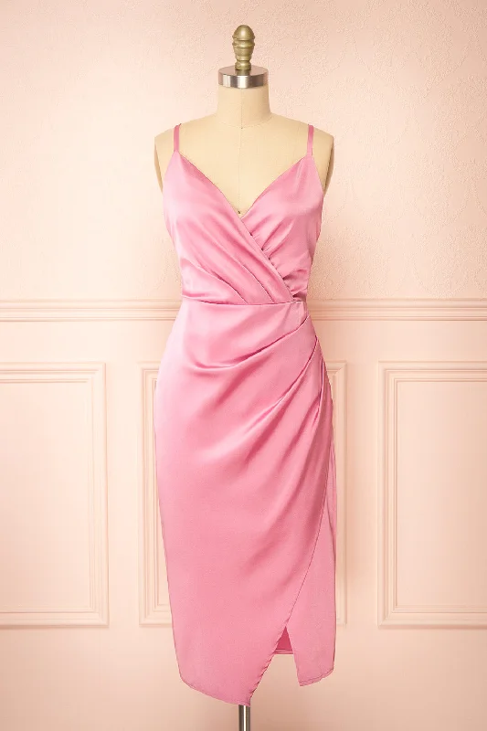 Jazebelle | Pink Satin Midi Dress w/ Slit Women's Urban Fashion