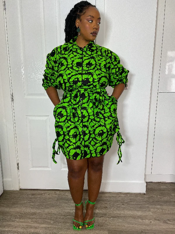 Irene Ankara Shirt Dress | Green and Black African Print Bold Silhouette