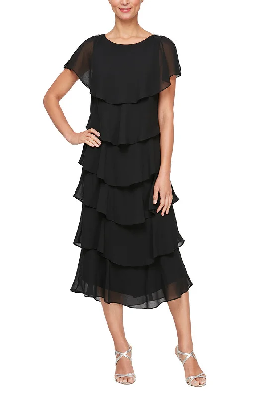 Georgette Chiffon Tea-Length Dress with Caplet Sleeves and Beaded Trim on Shoulders Casual Elegance