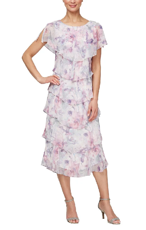 Midi Printed Tiered Dress with Embellishment Detail at Shoulders Premium Style