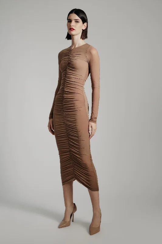 Jaya Mesh Maxi Dress - Tan Fashion Forward Outfits