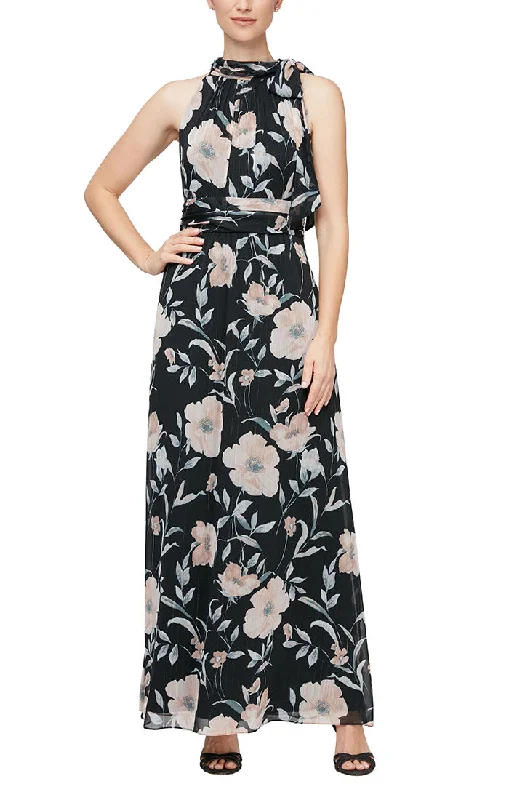 Printed Chiffon Maxi Dress with Tie Neck Detail Refined Simplicity