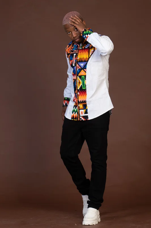 Tobit Mixed Print Men Shirt | White and African Ankara Print Vintage Look