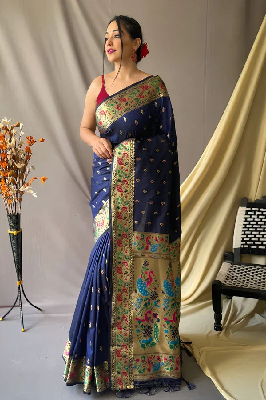 Traditional Silk Paithani Saree With Peacock Border Flowing Silhouette