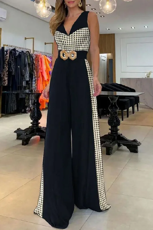 Houndstooth Patchwork Modern Wide Leg Jumpsuit Break Fashion Norms