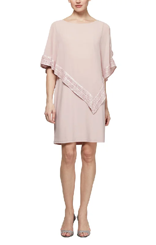 Foil Trim Asymmetrical Chiffon & Jersey Popover Cape Dress Summer Fashion