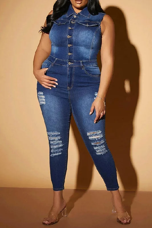 Ripped Classic Button Down Denim Jumpsuit Redefining Women's Style