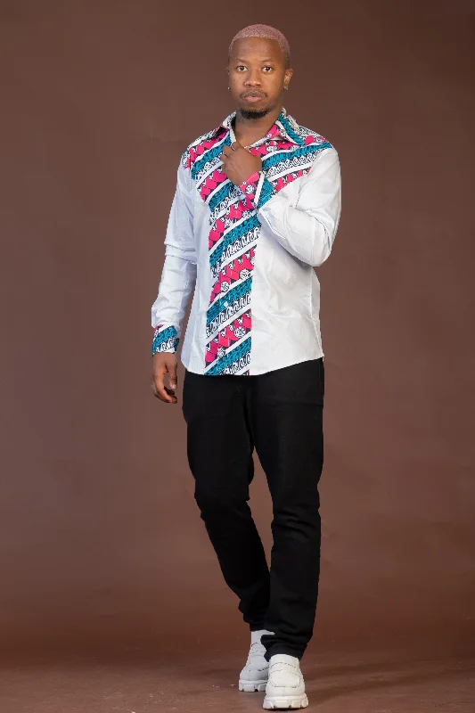 Terry Mixed Print Men Shirt | White and Ankara African Print Dreamy Aesthetic