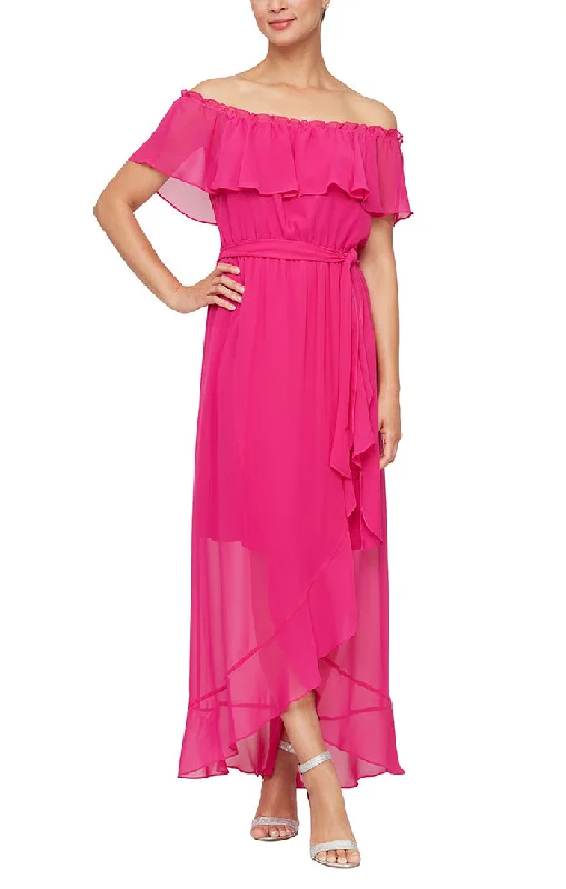 Off-the-Shoulder Chiffon Dress with Tie Waist & Tulip Overlay Skirt Effortless Grace